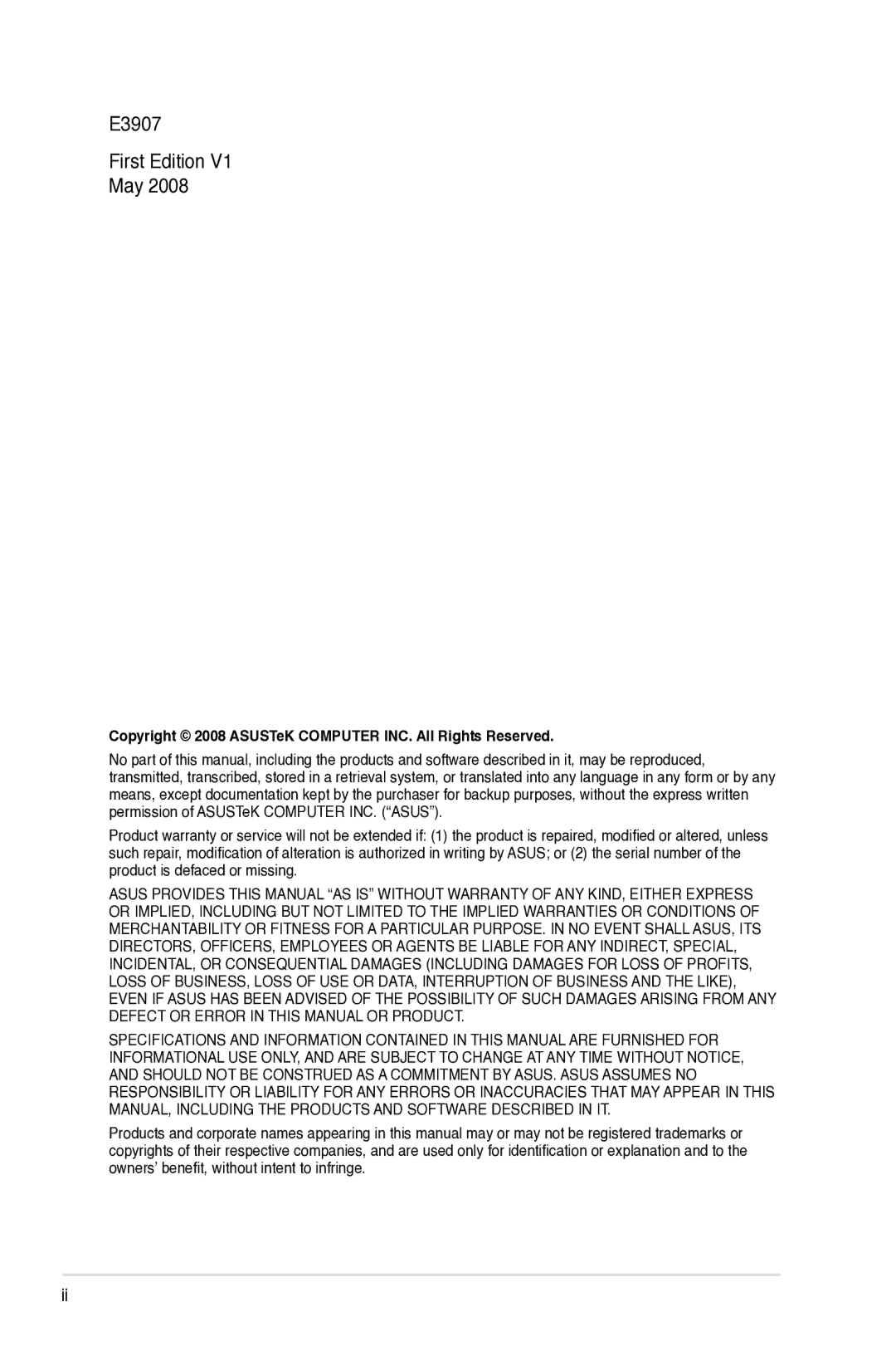 Asus VK193 manual E3907 First Edition May, Copyright 2008 ASUSTeK Computer INC. All Rights Reserved 