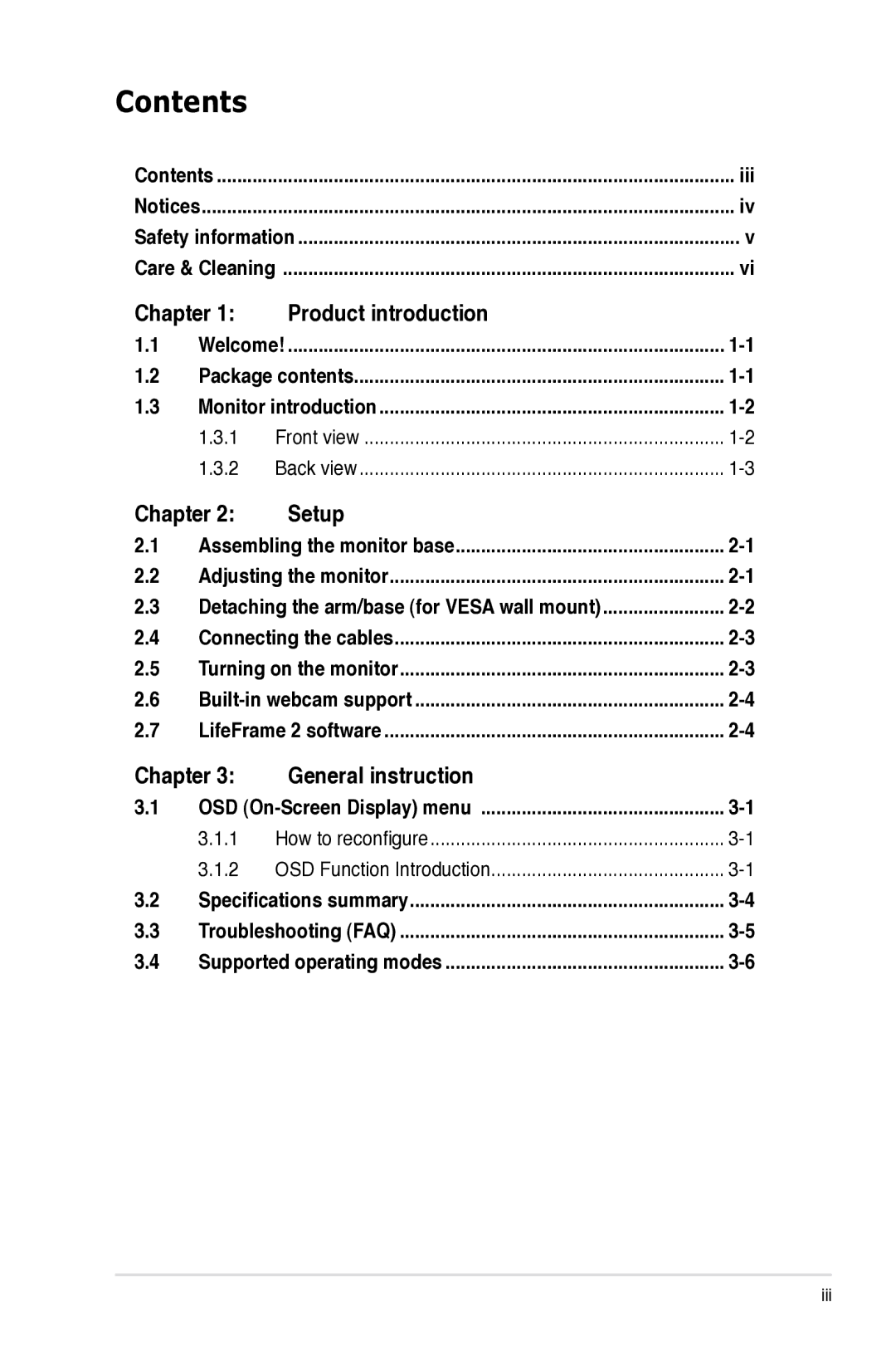 Asus VK193 manual Contents 