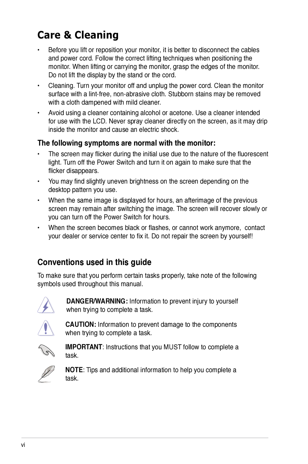 Asus VK193 manual Care & Cleaning, Conventions used in this guide, Following symptoms are normal with the monitor 