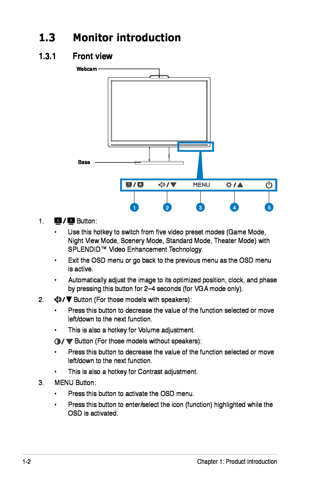 Asus VK193 manual Monitor introduction, Front view 