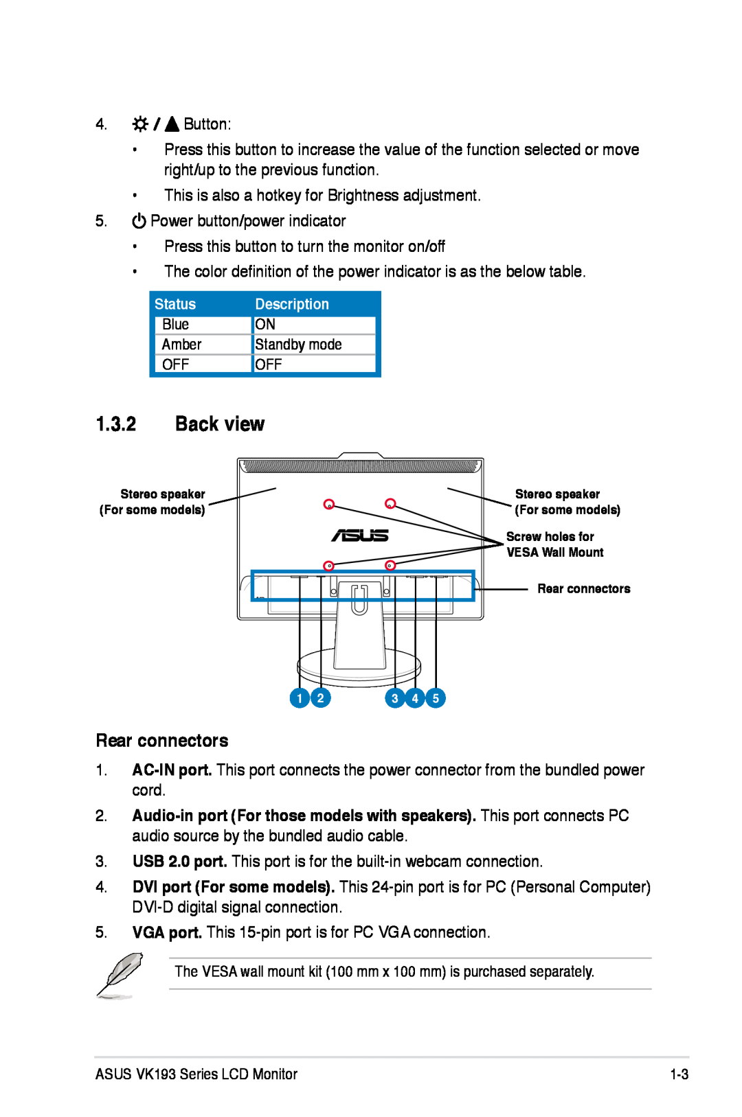 Asus VK193 manual Back view, Rear connectors 
