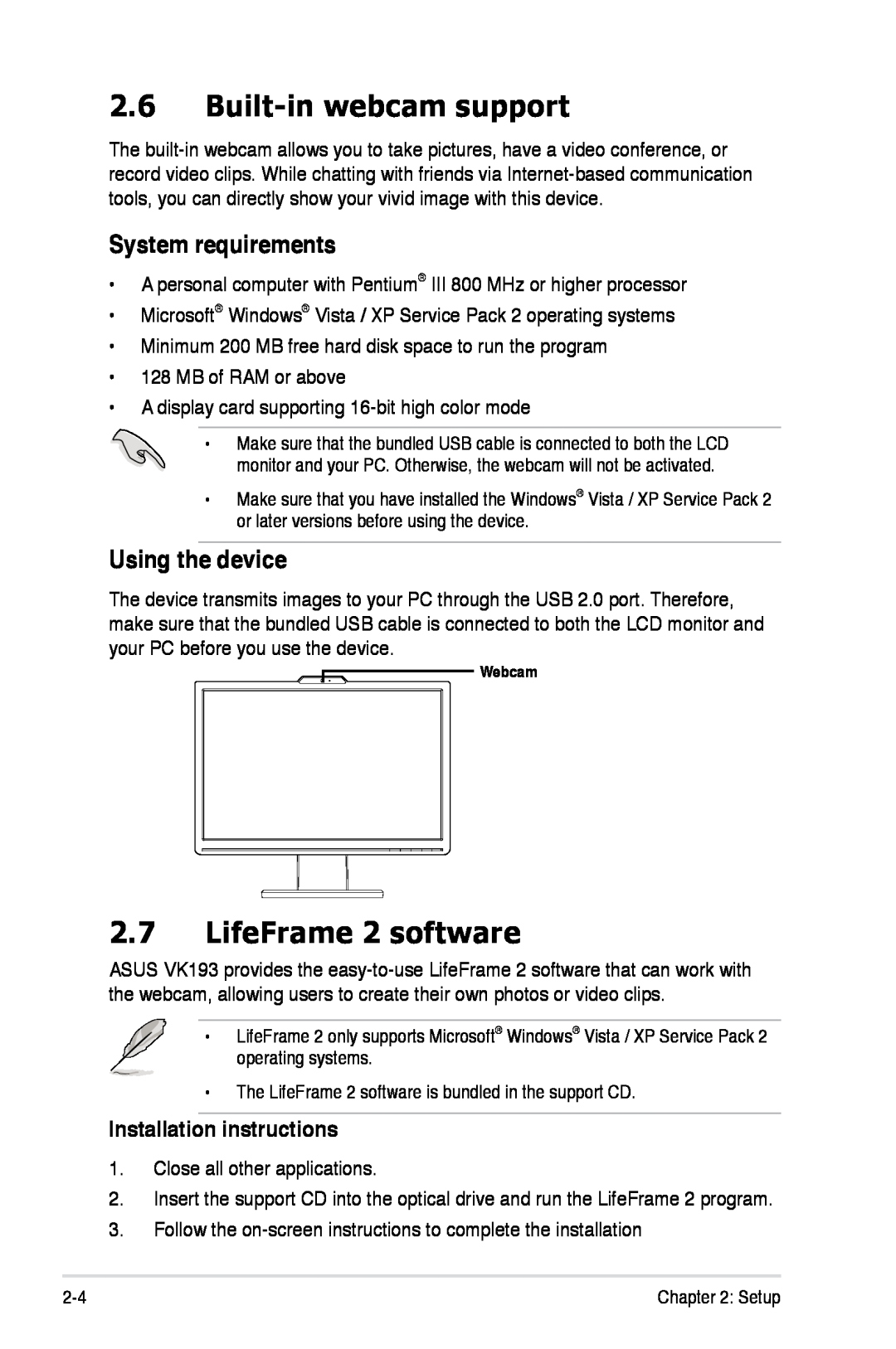 Asus VK193 Built-in webcam support, LifeFrame 2 software, System requirements, Using the device, Installation instructions 