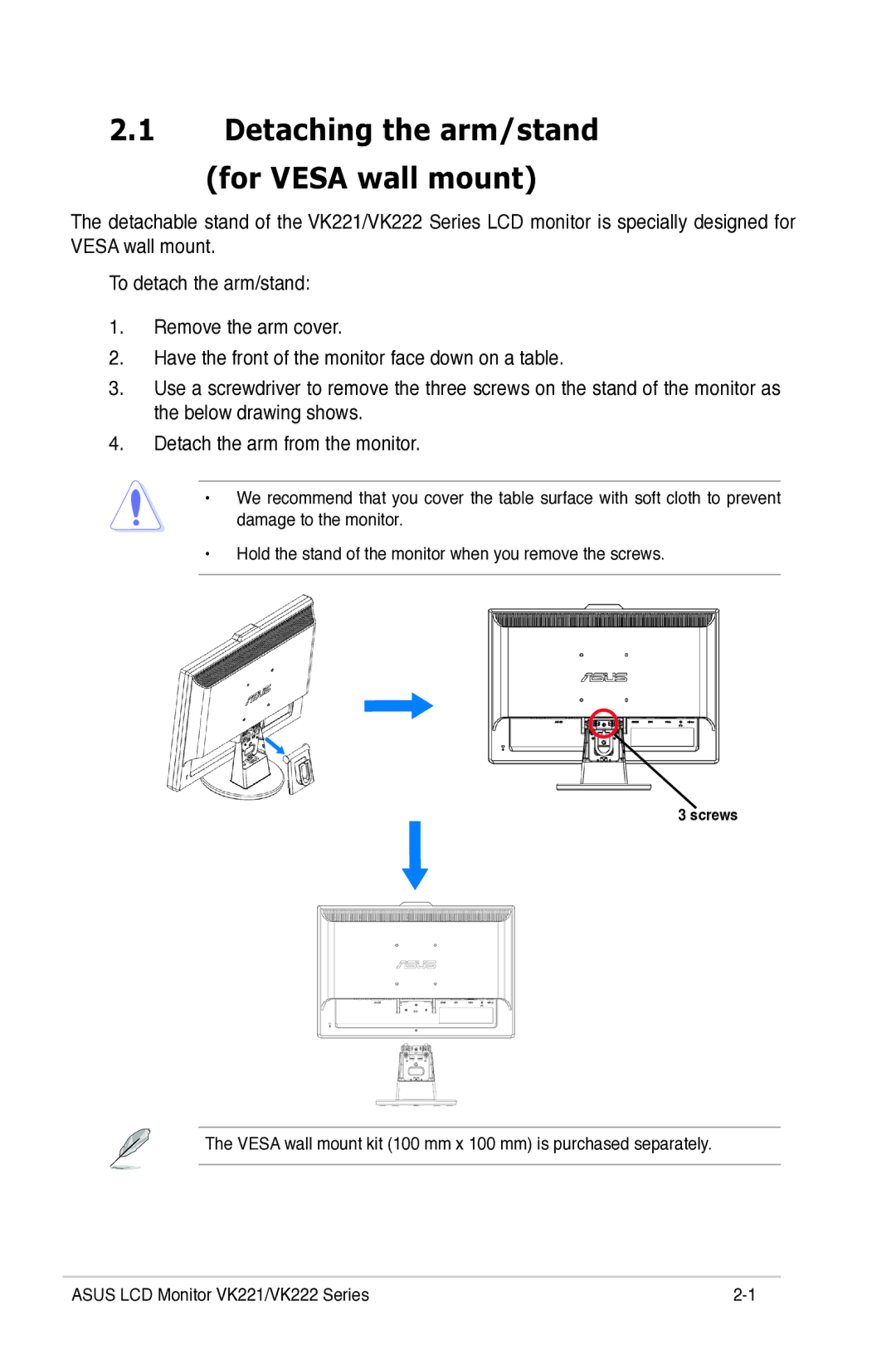 Asus VK221, VK222 manual Detaching the arm/stand for Vesa wall mount 