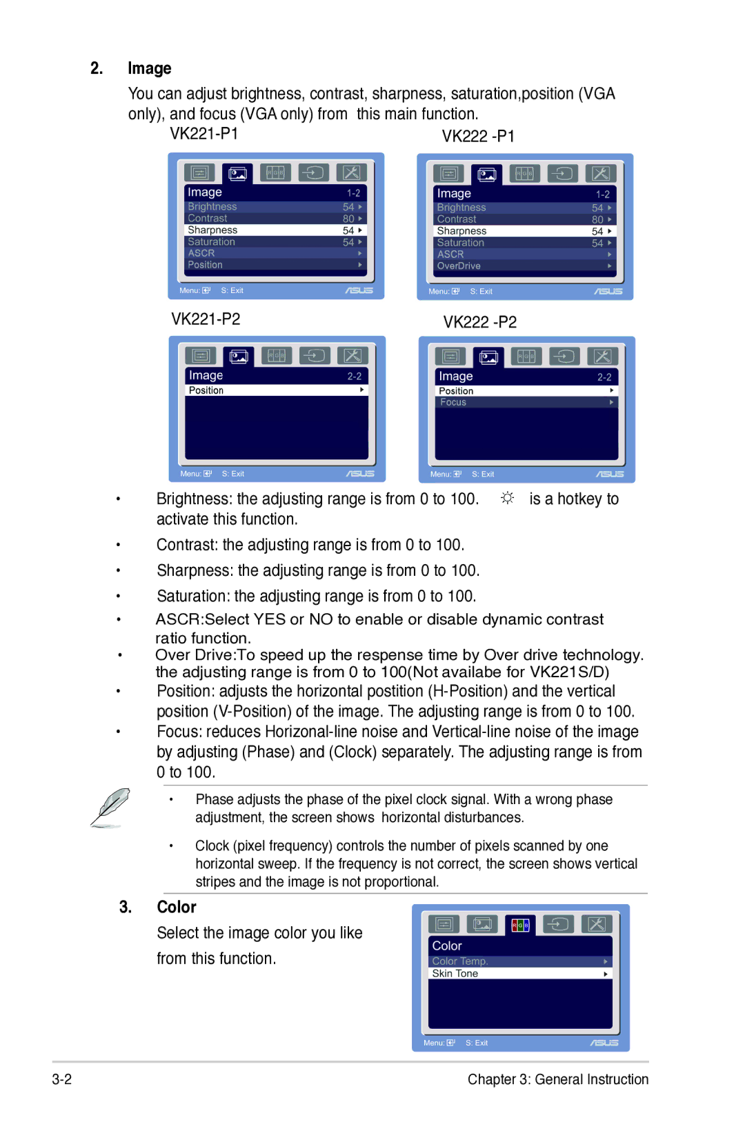 Asus VK222, VK221 manual Image, Color 