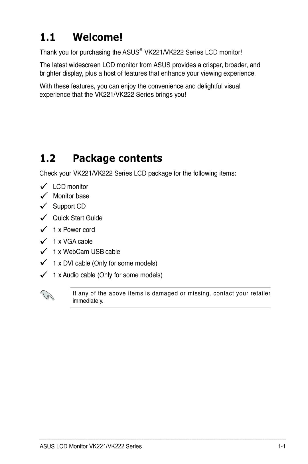 Asus VK221, VK222 manual Welcome, Package contents 