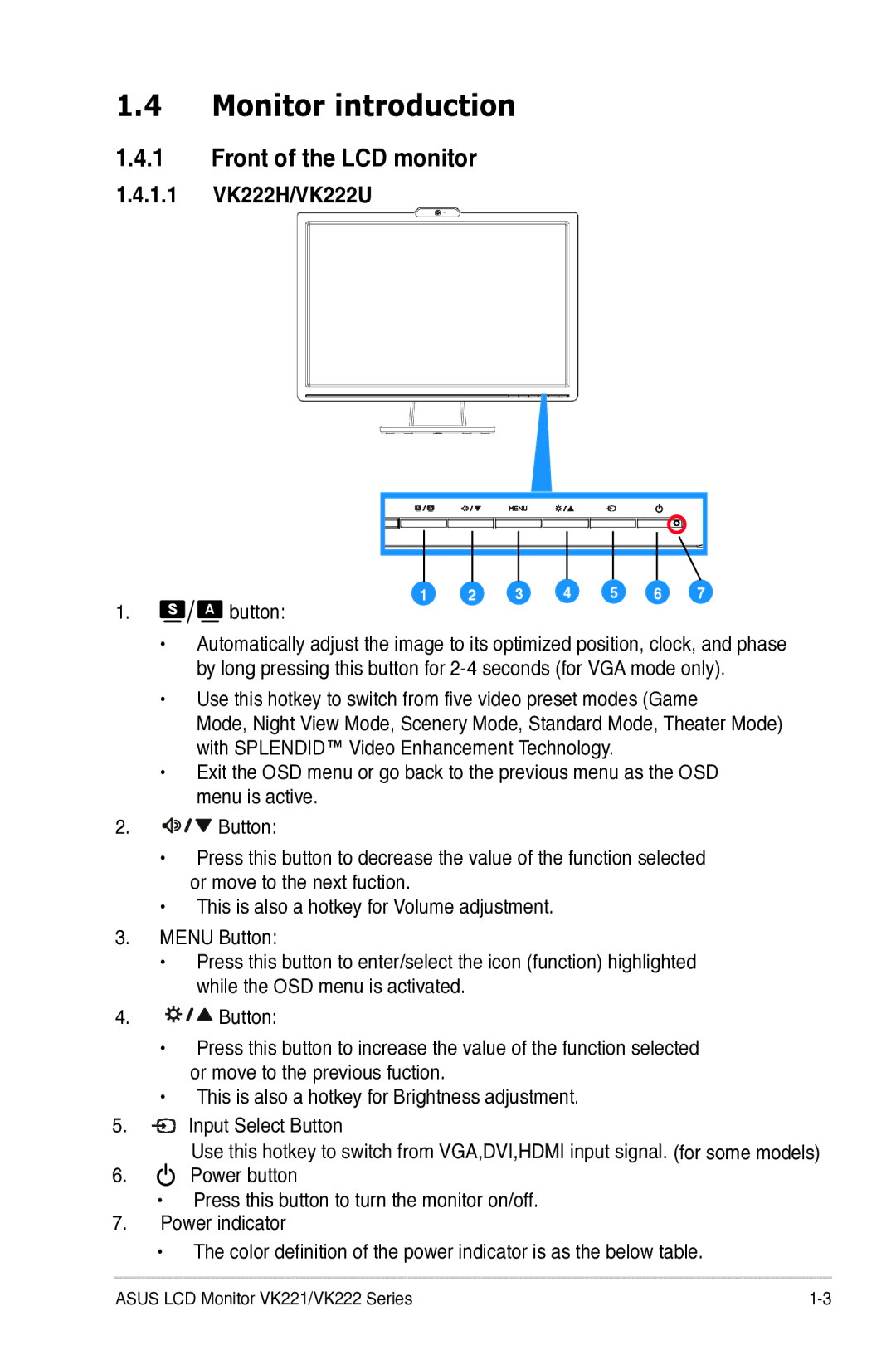 Asus VK221 manual Monitor introduction, Front of the LCD monitor, 1.1 VK222H/VK222U 