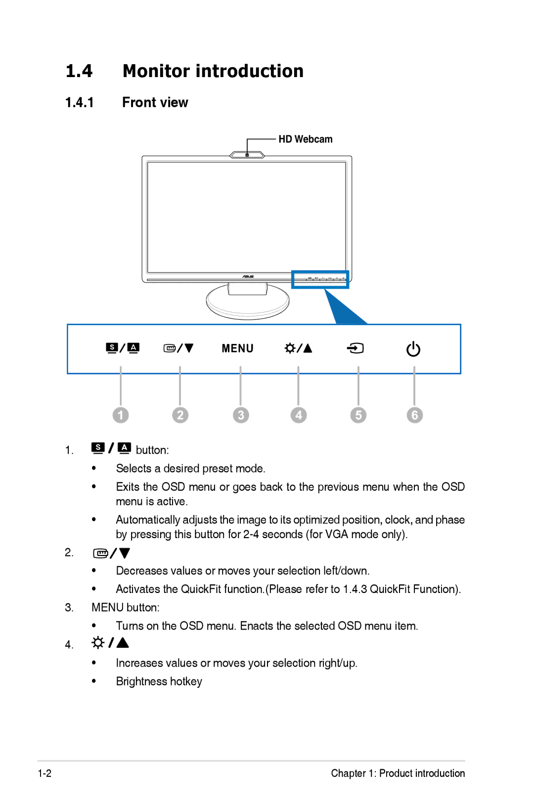 Asus VK248H-CSM manual Monitor introduction, Front view 