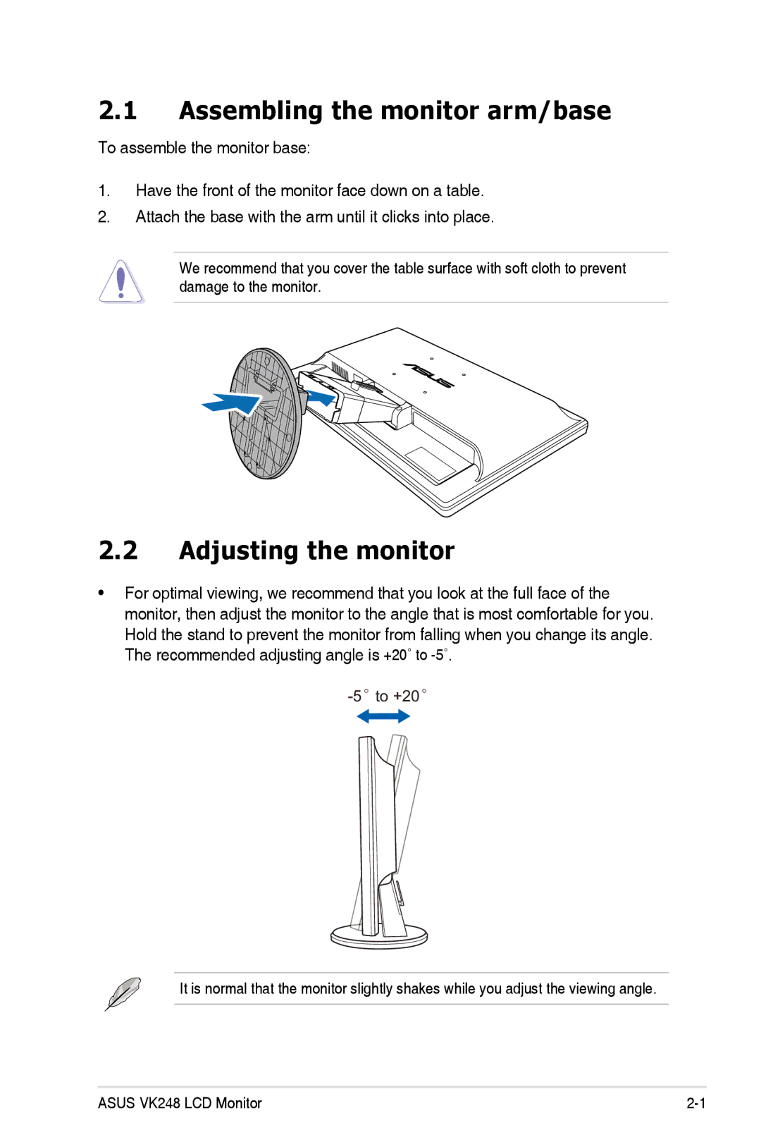 Asus VK248H-CSM manual Assembling the monitor arm/base, Adjusting the monitor 