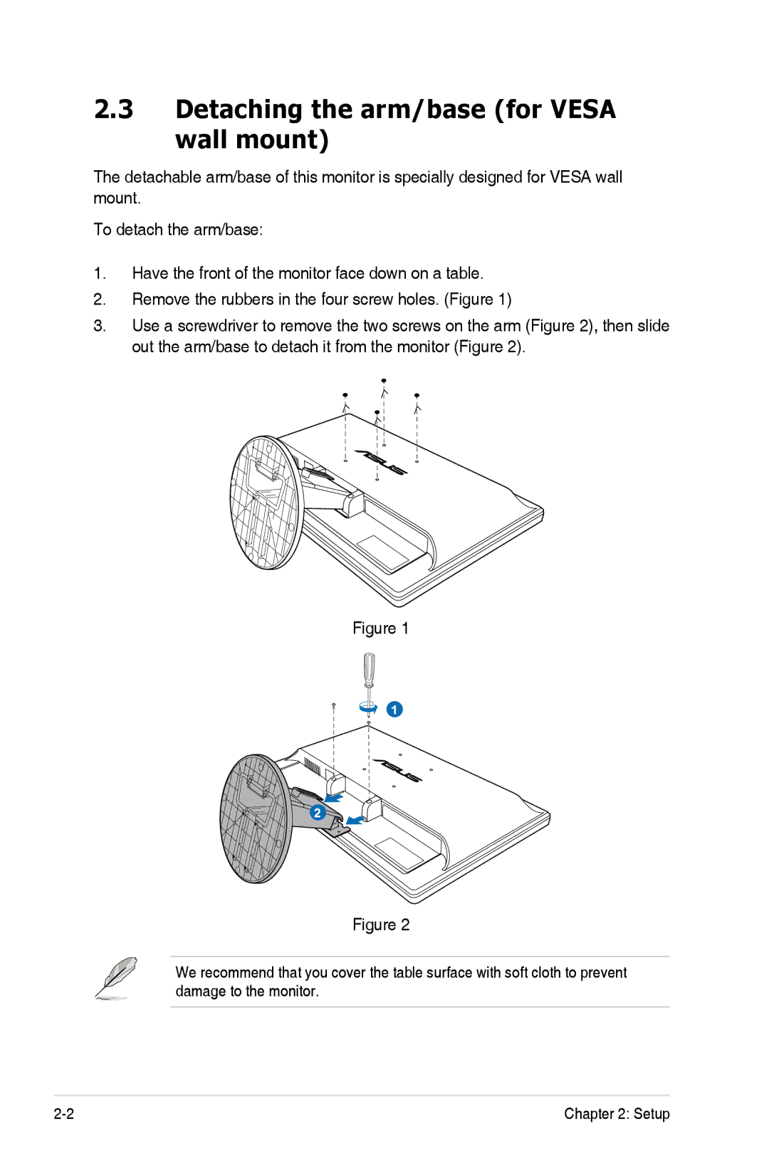 Asus VK248H-CSM manual Detaching the arm/base for Vesa wall mount 