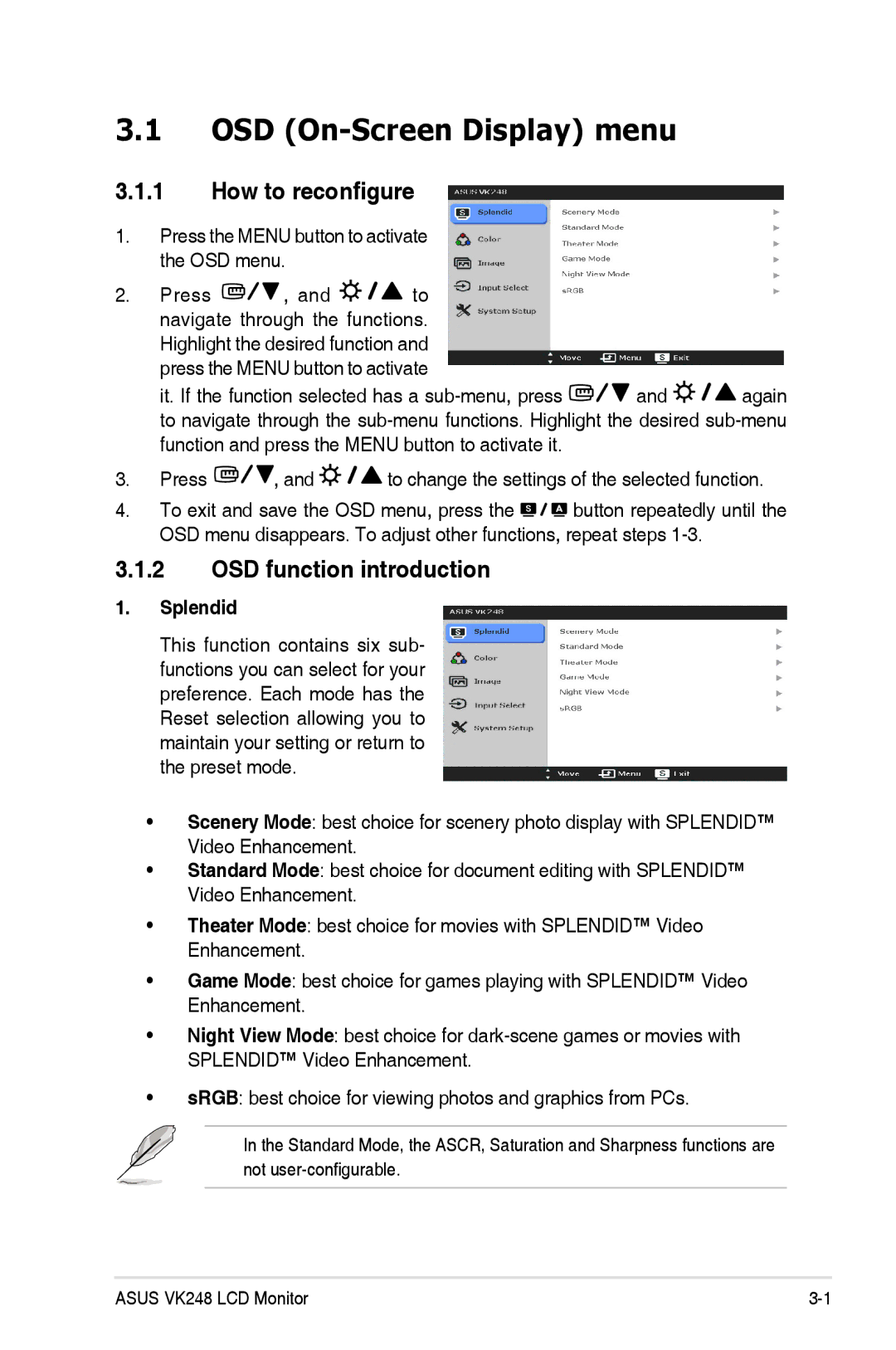 Asus VK248H-CSM manual OSD On-Screen Display menu, How to reconfigure, OSD function introduction, Splendid 