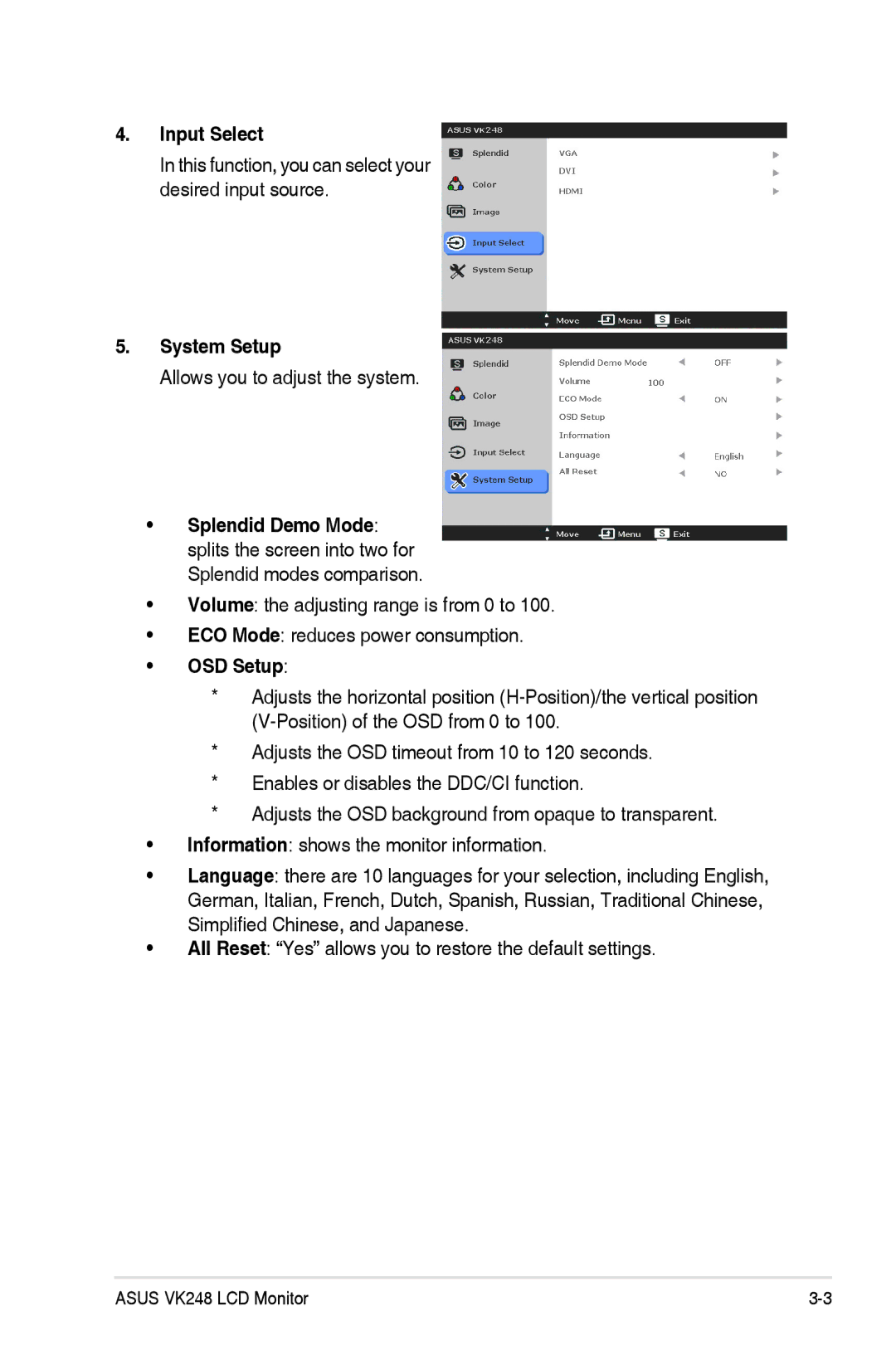 Asus VK248H-CSM manual Input Select, This function, you can select your desired input source, System Setup, OSD Setup 