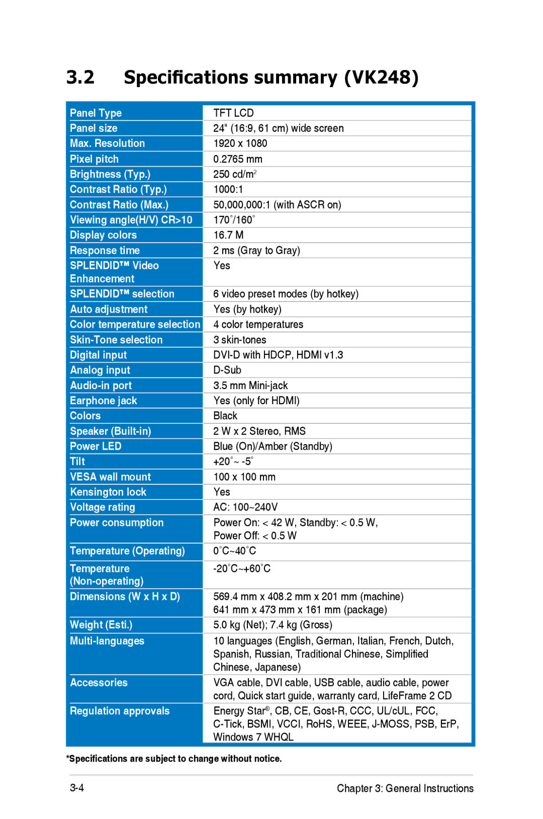 Asus VK248H-CSM manual Specifications summary VK248, Tft Lcd 