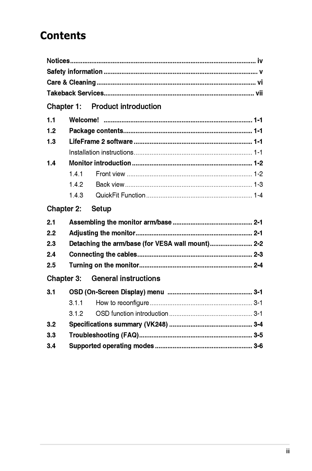 Asus VK248H-CSM manual Contents 