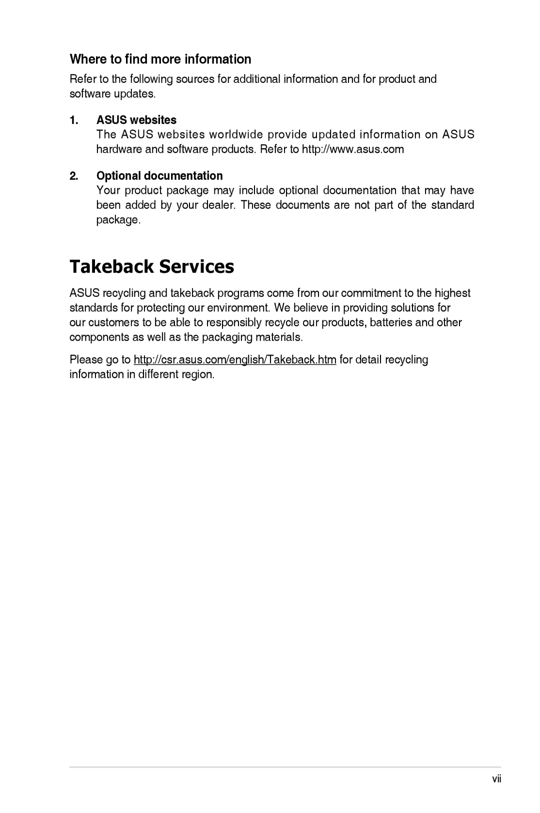 Asus VK248H-CSM manual Takeback Services, Asus websites Optional documentation 