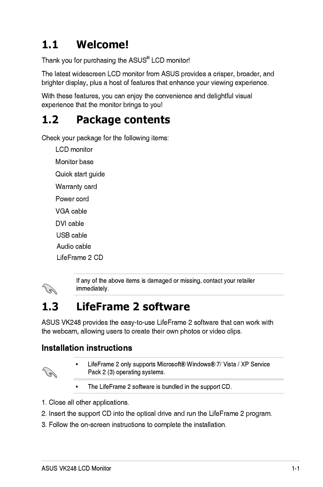 Asus VK248H-CSM manual Welcome, Package contents, LifeFrame 2 software 