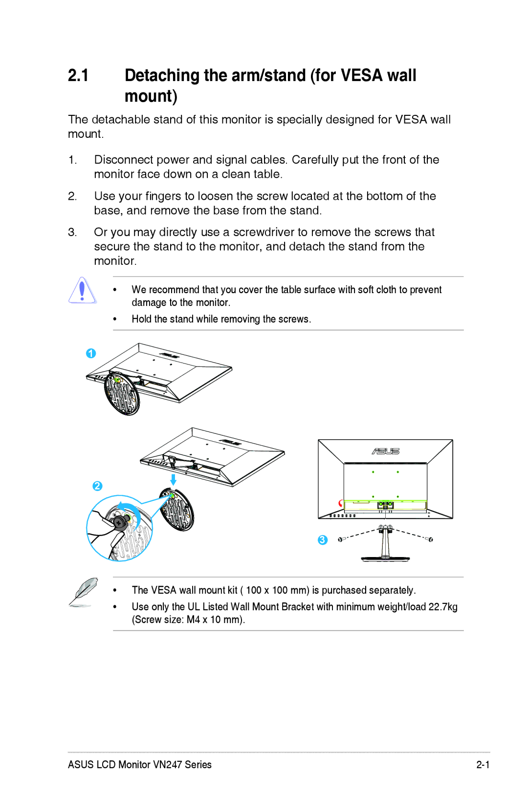 Asus VN247HP, VN247H-P manual Detaching the arm/stand for Vesa wall mount 