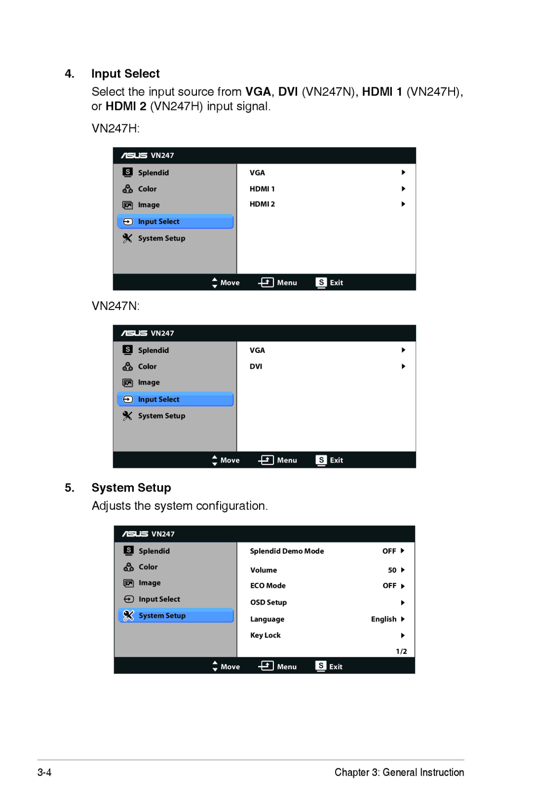 Asus VN247H-P, VN247HP manual Input Select, System Setup 