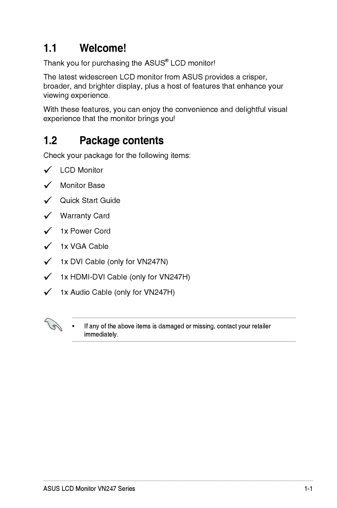 Asus VN247HP, VN247H-P manual Welcome, Package contents 