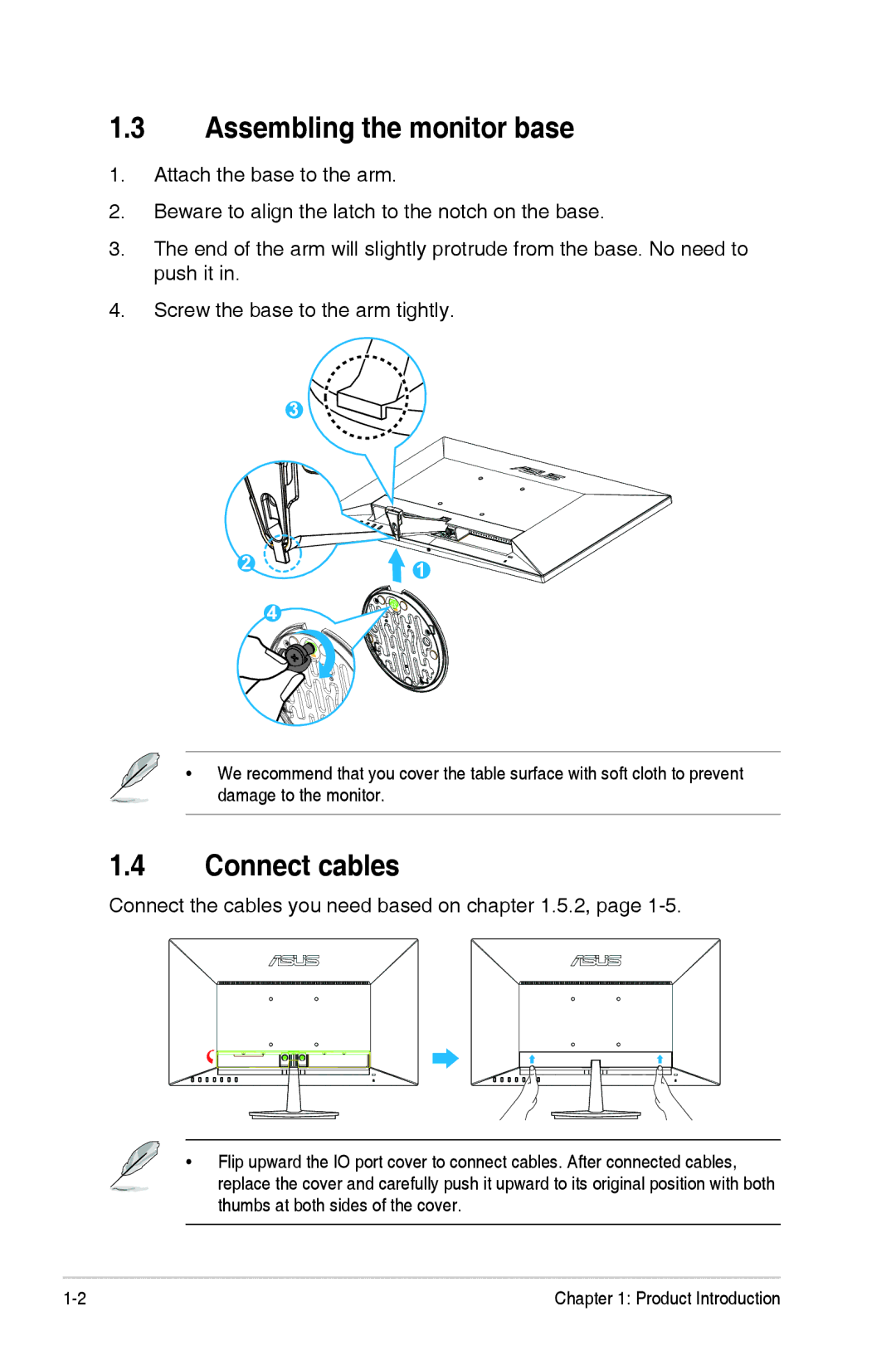 Asus VN247H-P, VN247HP manual Assembling the monitor base, Connect cables 