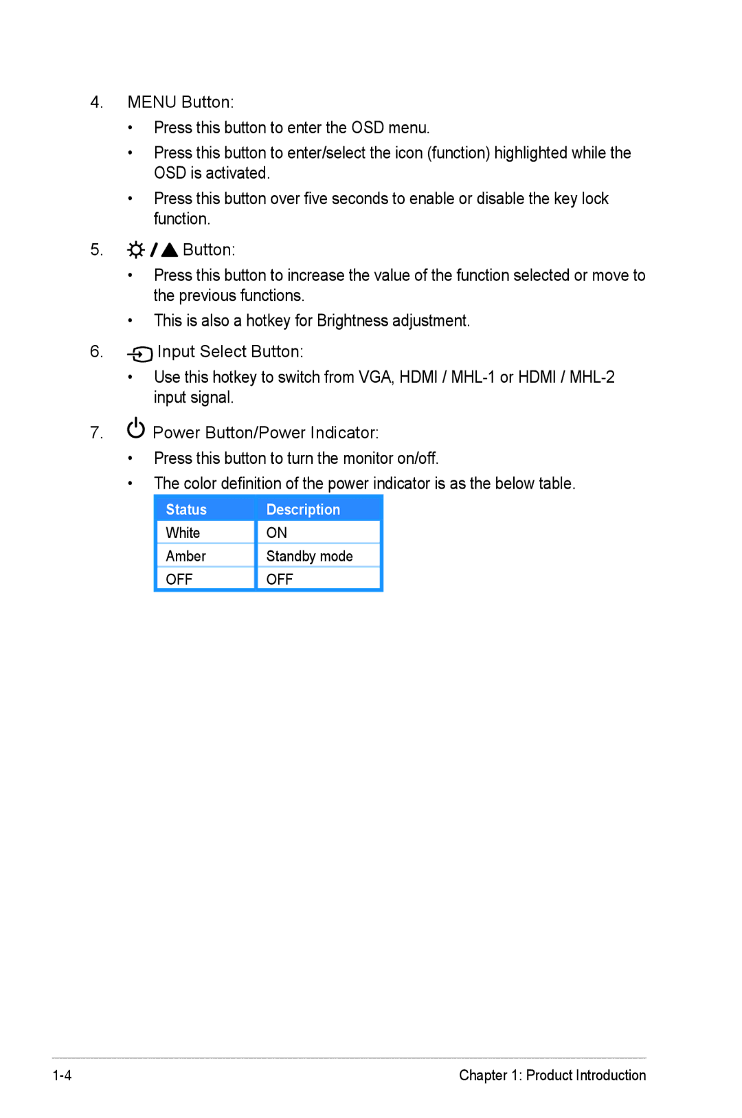 Asus VN248 Series manual Status Description 