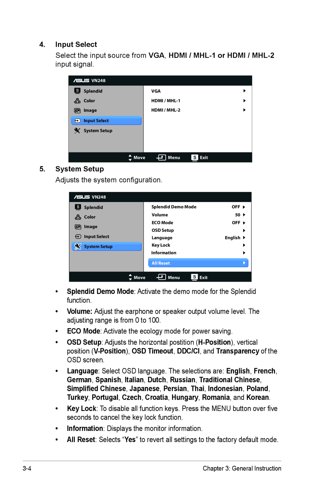 Asus VN248 Series manual System Setup, Adjusts the system configuration 