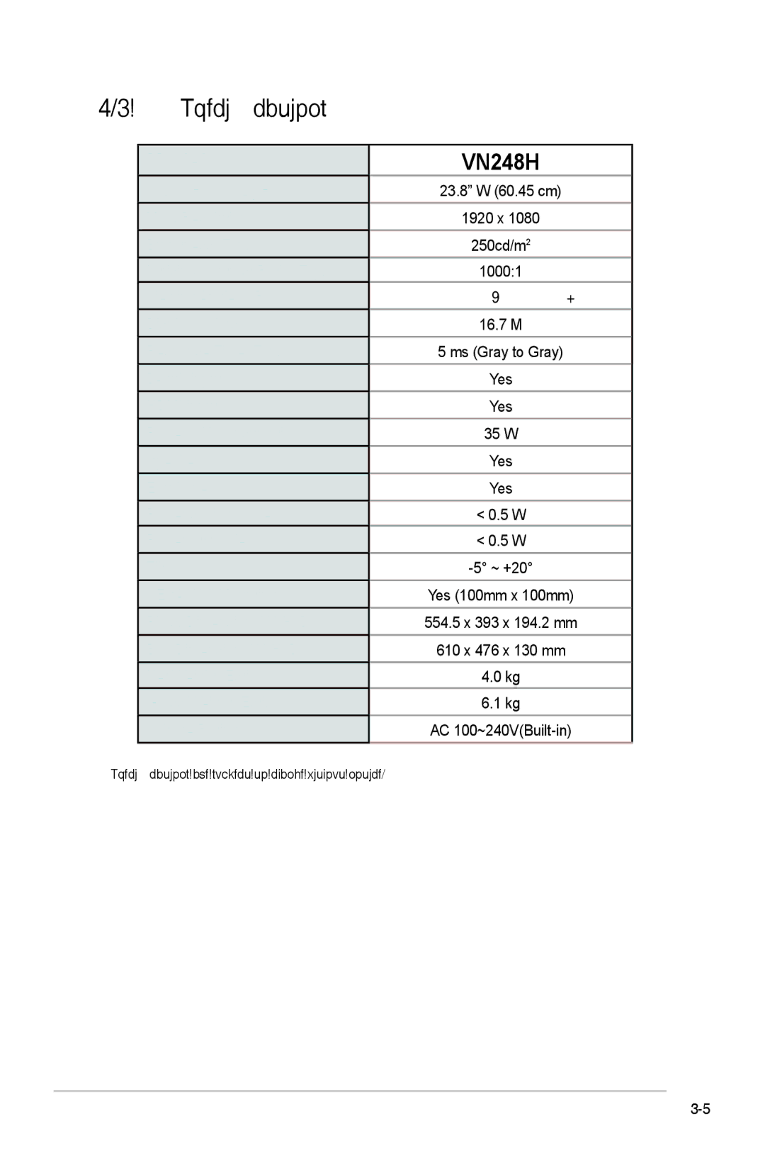 Asus VN248 Series manual Specifications, Model 