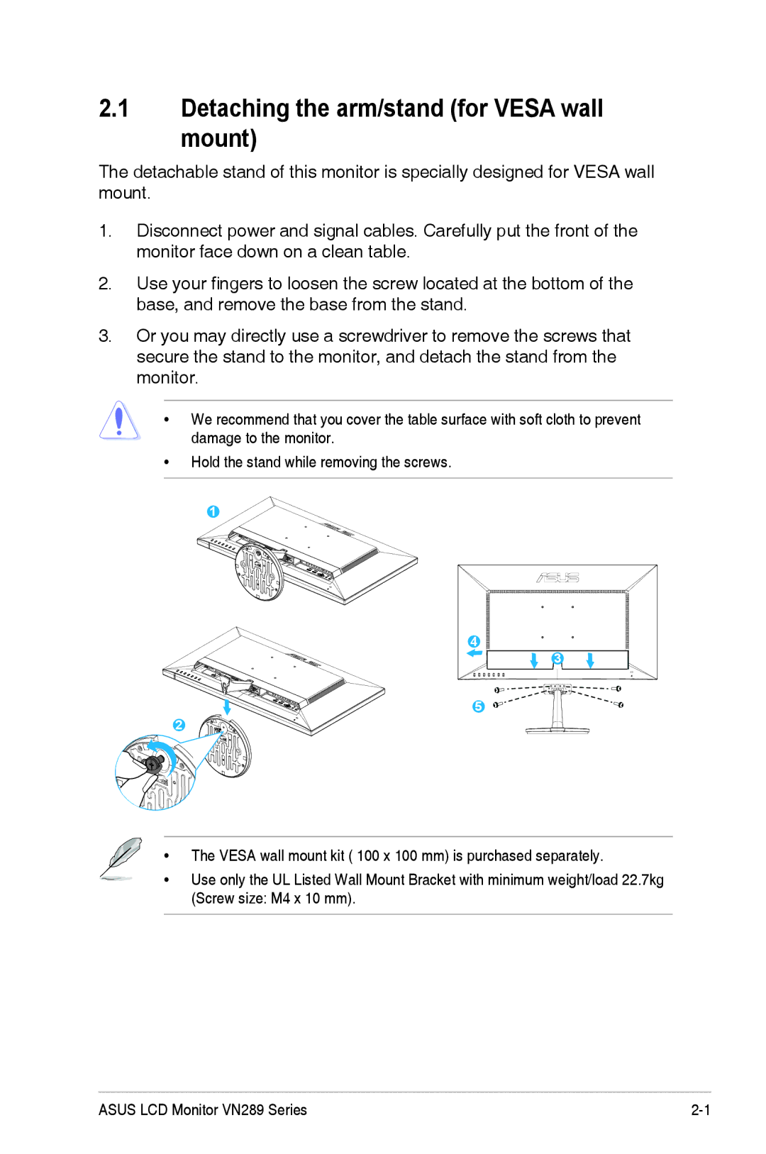 Asus VN289 manual Detaching the arm/stand for Vesa wall mount 