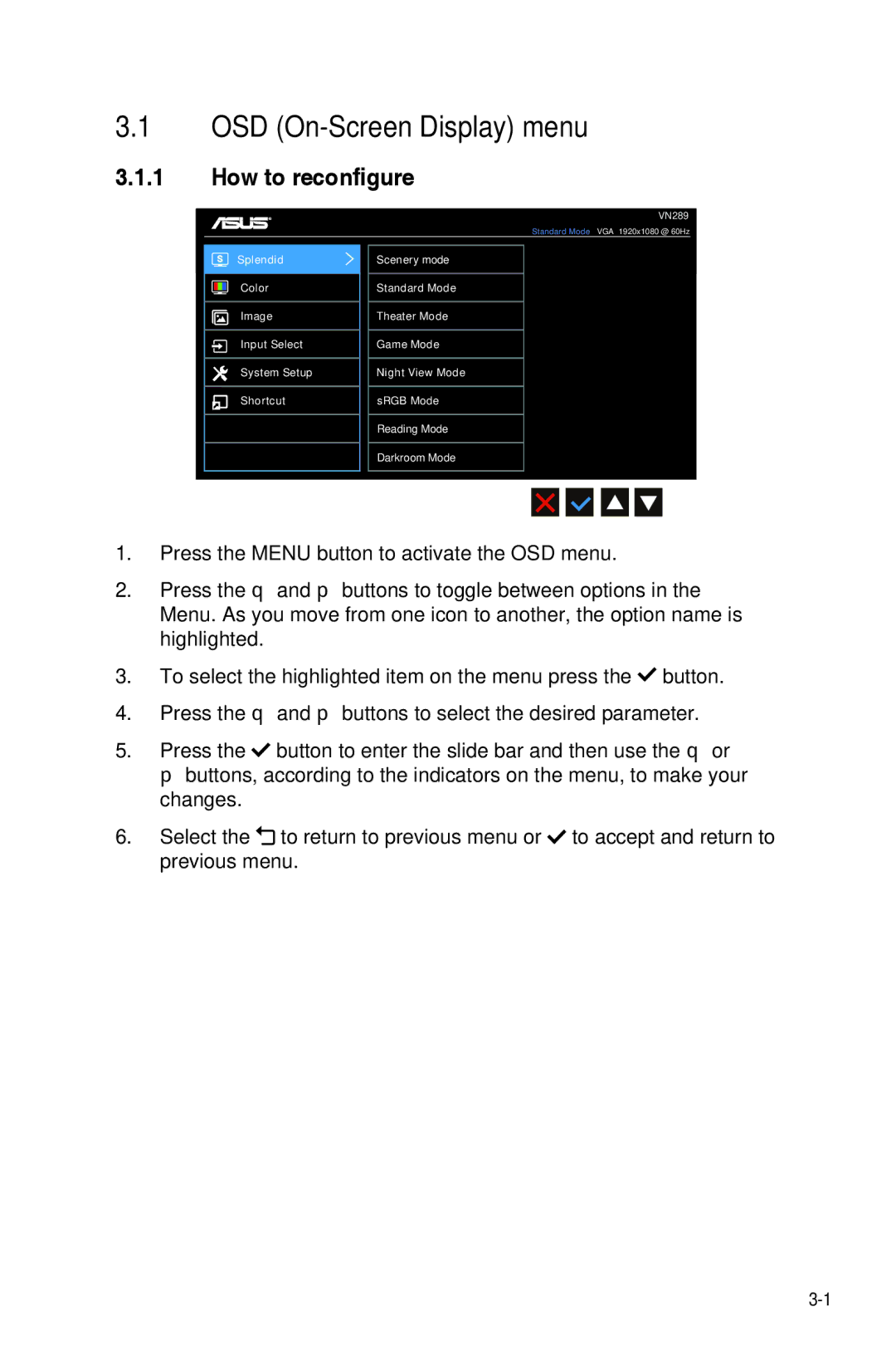 Asus VN289 manual OSD On-Screen Display menu, How to reconfigure 