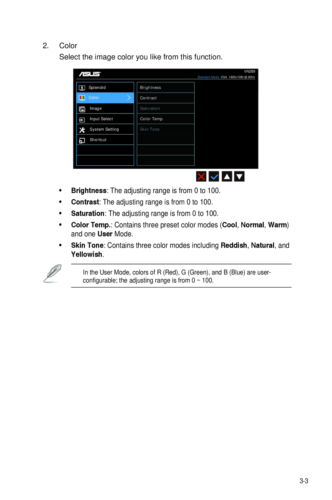 Asus VN289 manual Color, Select the image color you like from this function 