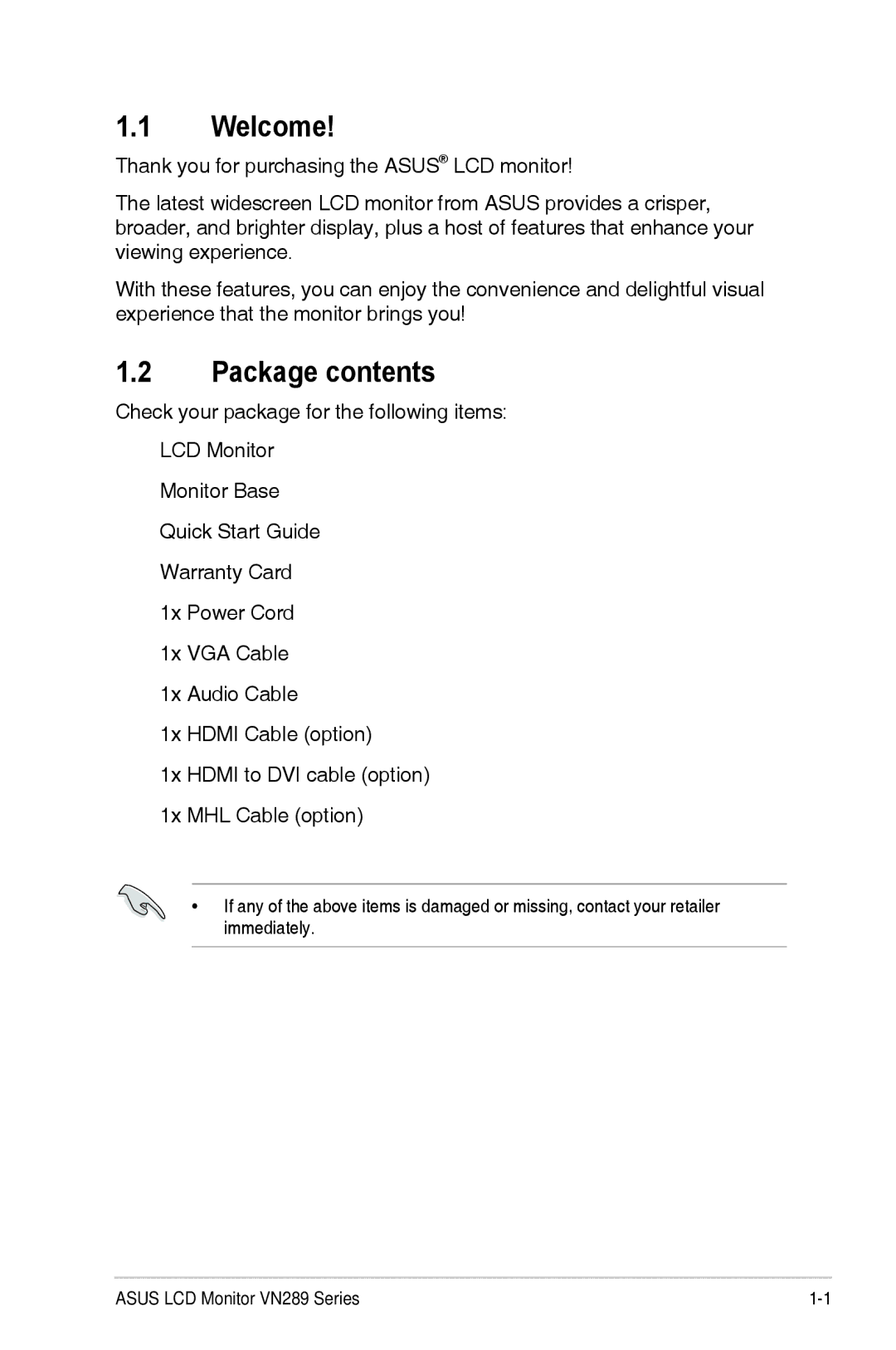 Asus VN289 manual Welcome, Package contents 