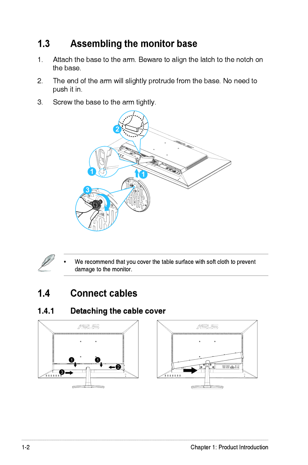 Asus VN289 manual Assembling the monitor base, Connect cables, Detaching the cable cover 