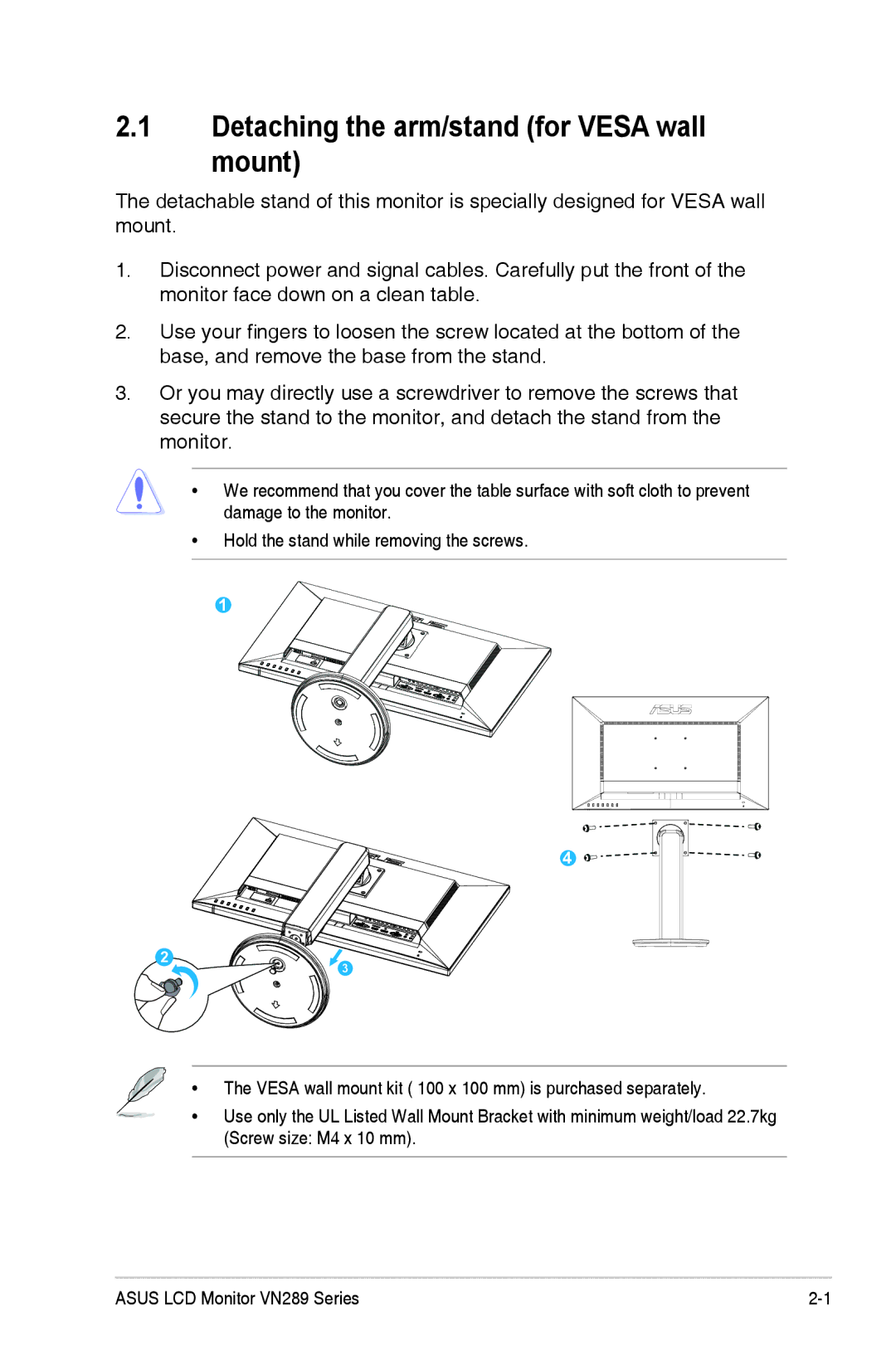 Asus VN289QL manual Detaching the arm/stand for Vesa wall mount 