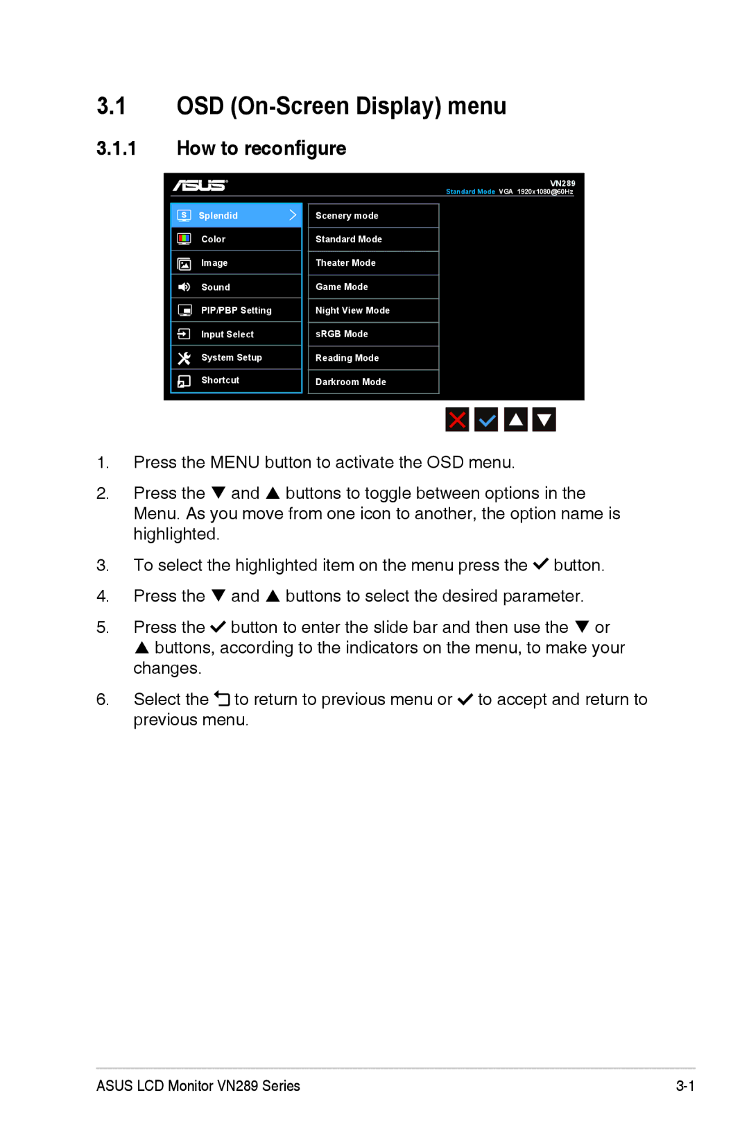 Asus VN289QL manual OSD On-Screen Display menu, How to reconfigure 