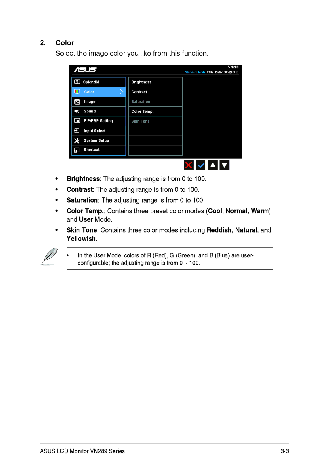 Asus VN289QL manual Color, Select the image color you like from this function 