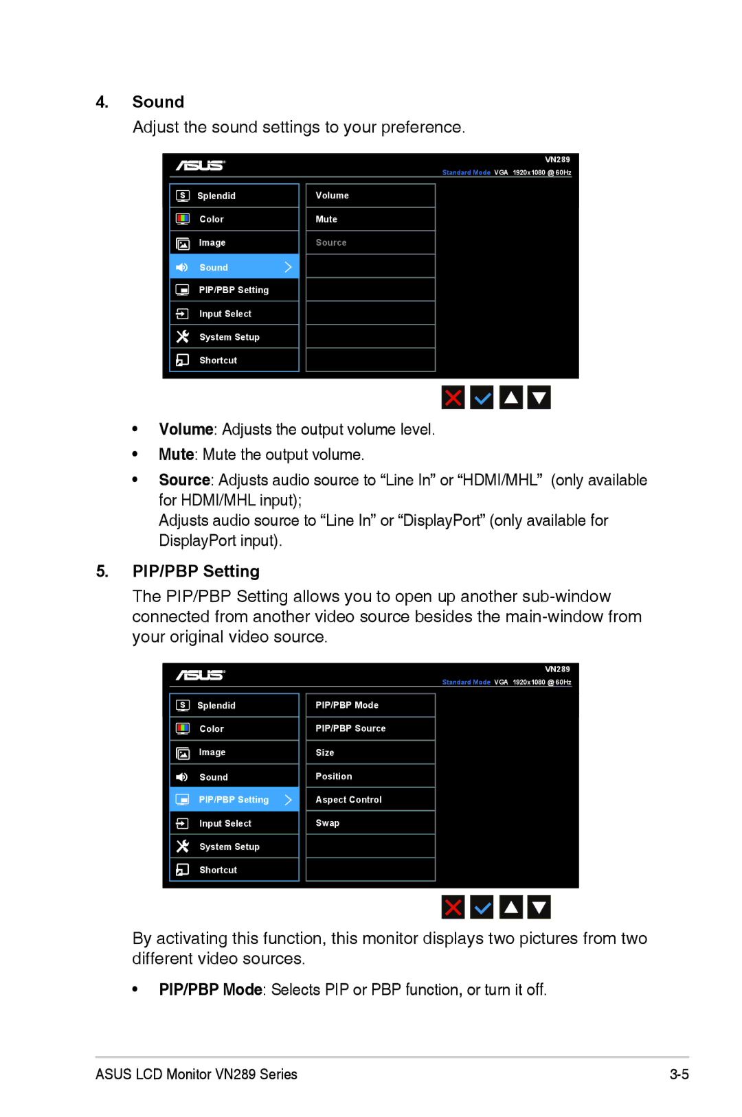 Asus VN289QL manual Sound, Adjust the sound settings to your preference, PIP/PBP Setting 