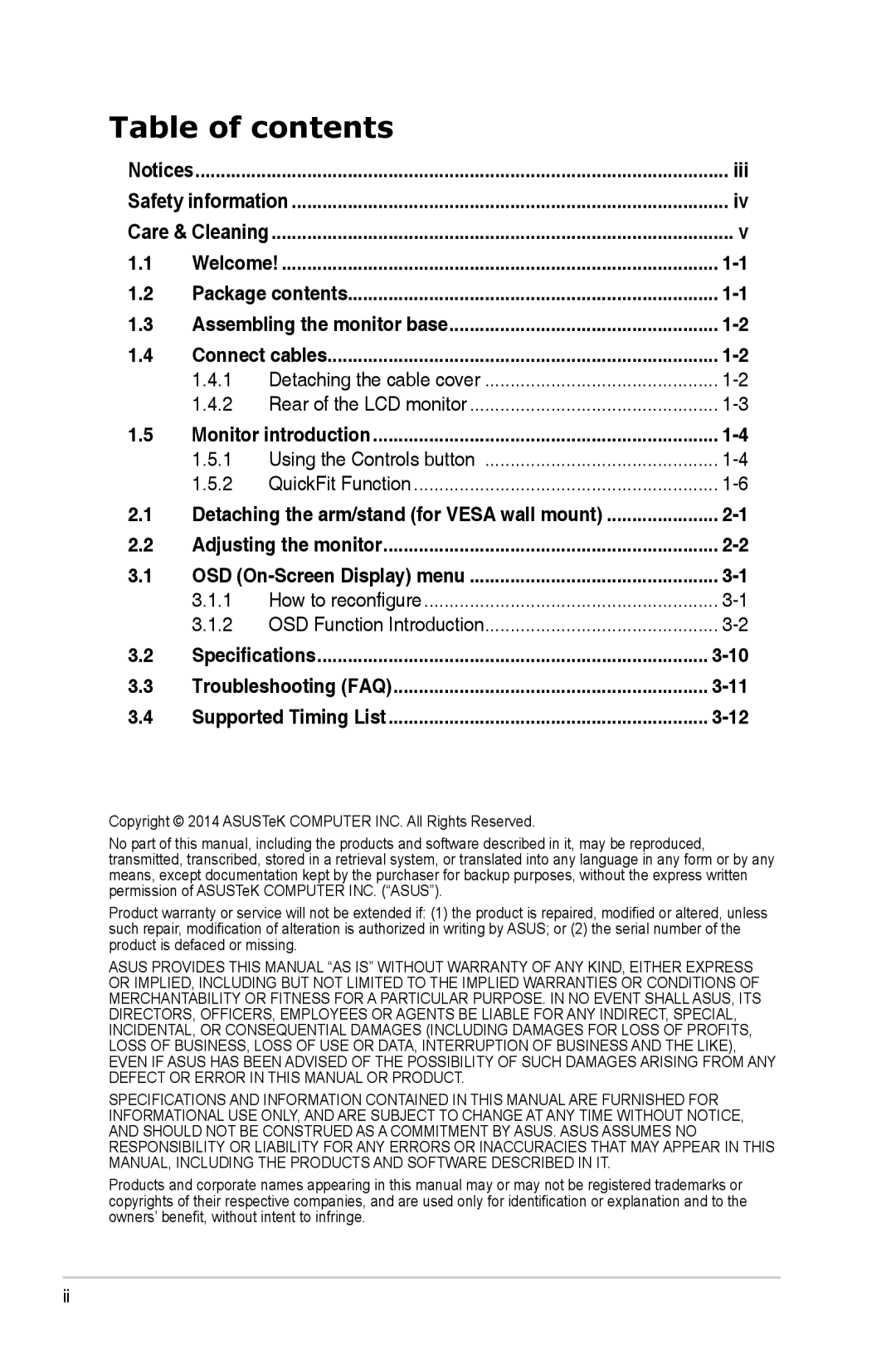 Asus VN289QL manual Table of contents 