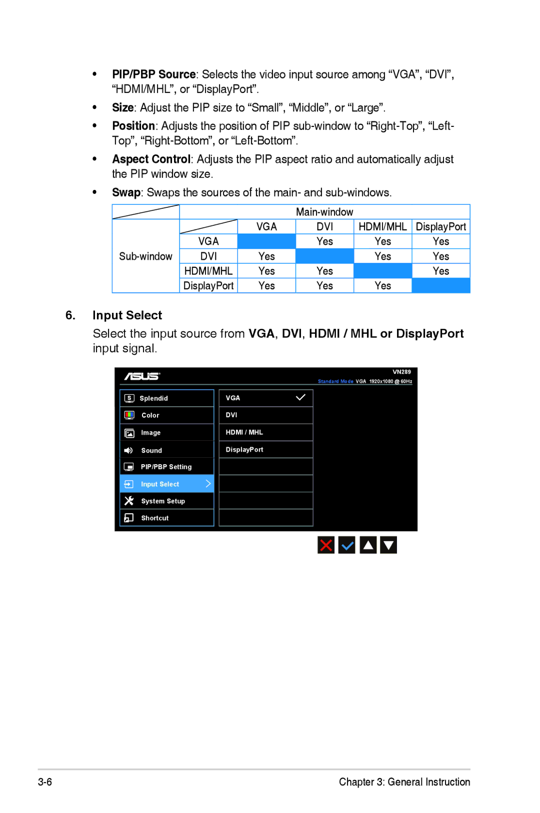 Asus VN289QL manual Top, Right-Bottom, or Left-Bottom, PIP window size, Input Select, Input signal 