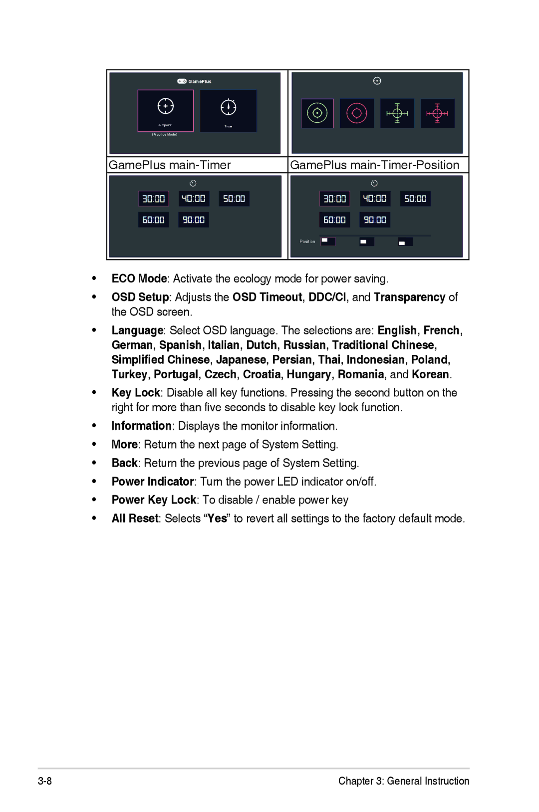 Asus VN289QL manual GamePlus main-Timer, ECO Mode Activate the ecology mode for power saving 