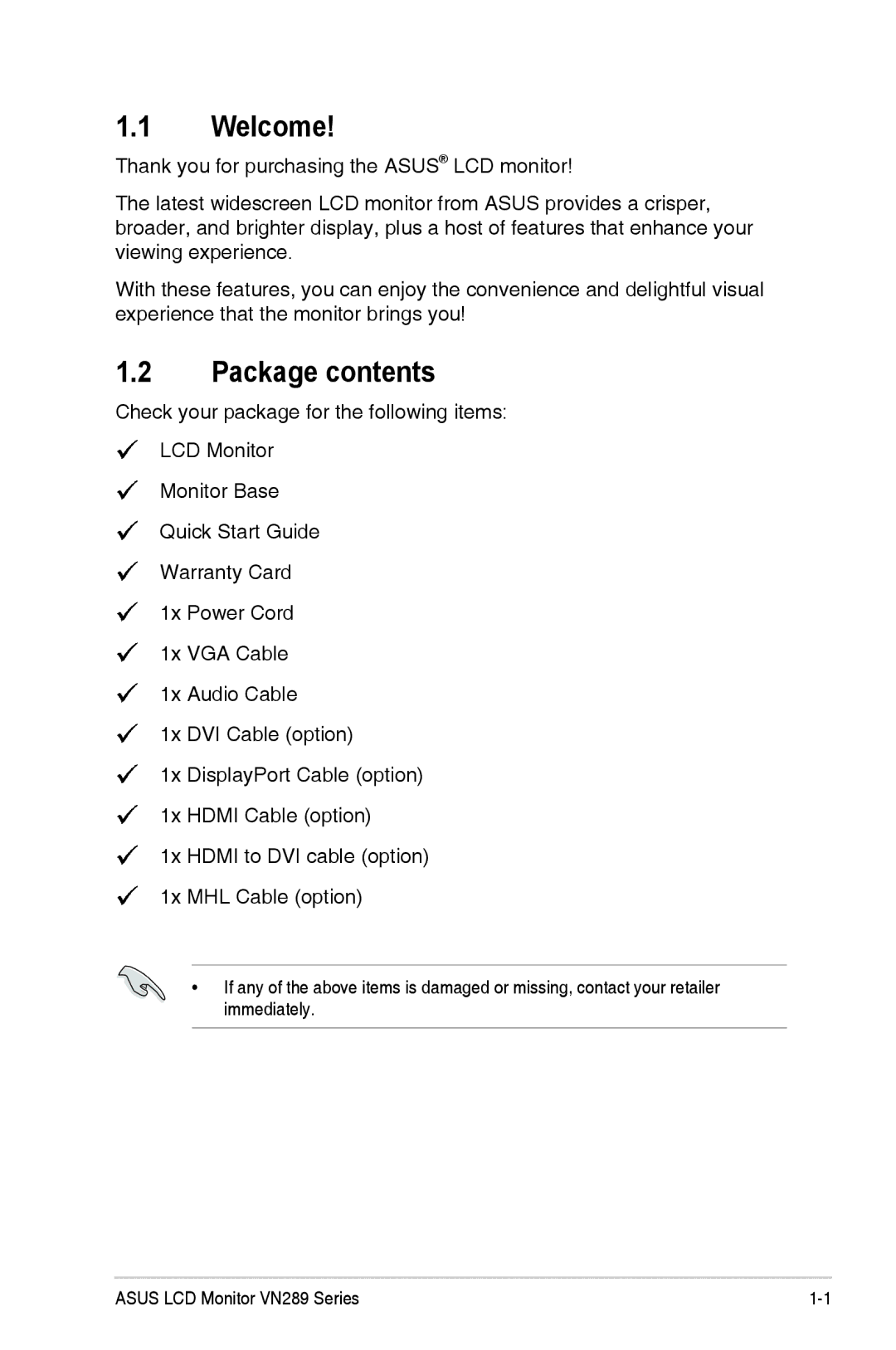 Asus VN289QL manual Welcome, Package contents 