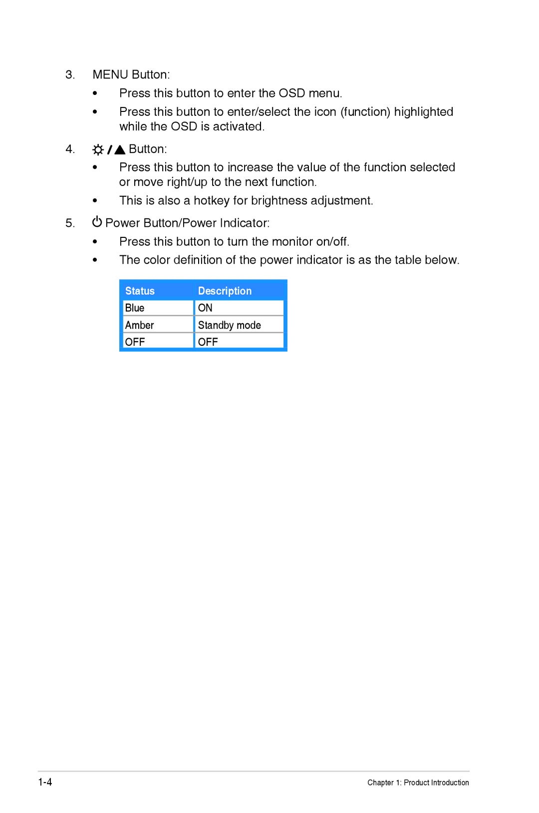 Asus VS197TP, VS197D-P, VS198D-P manual Status Description 