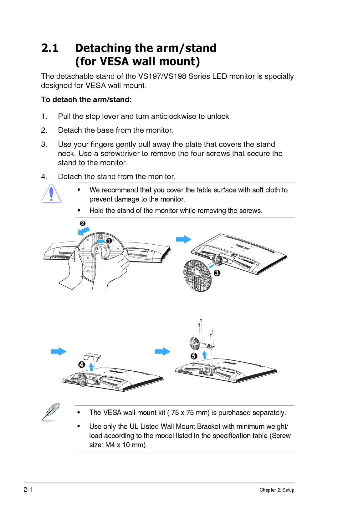 Asus VS197D-P, VS197TP, VS198D-P manual Detaching the arm/stand for Vesa wall mount, To detach the arm/stand 