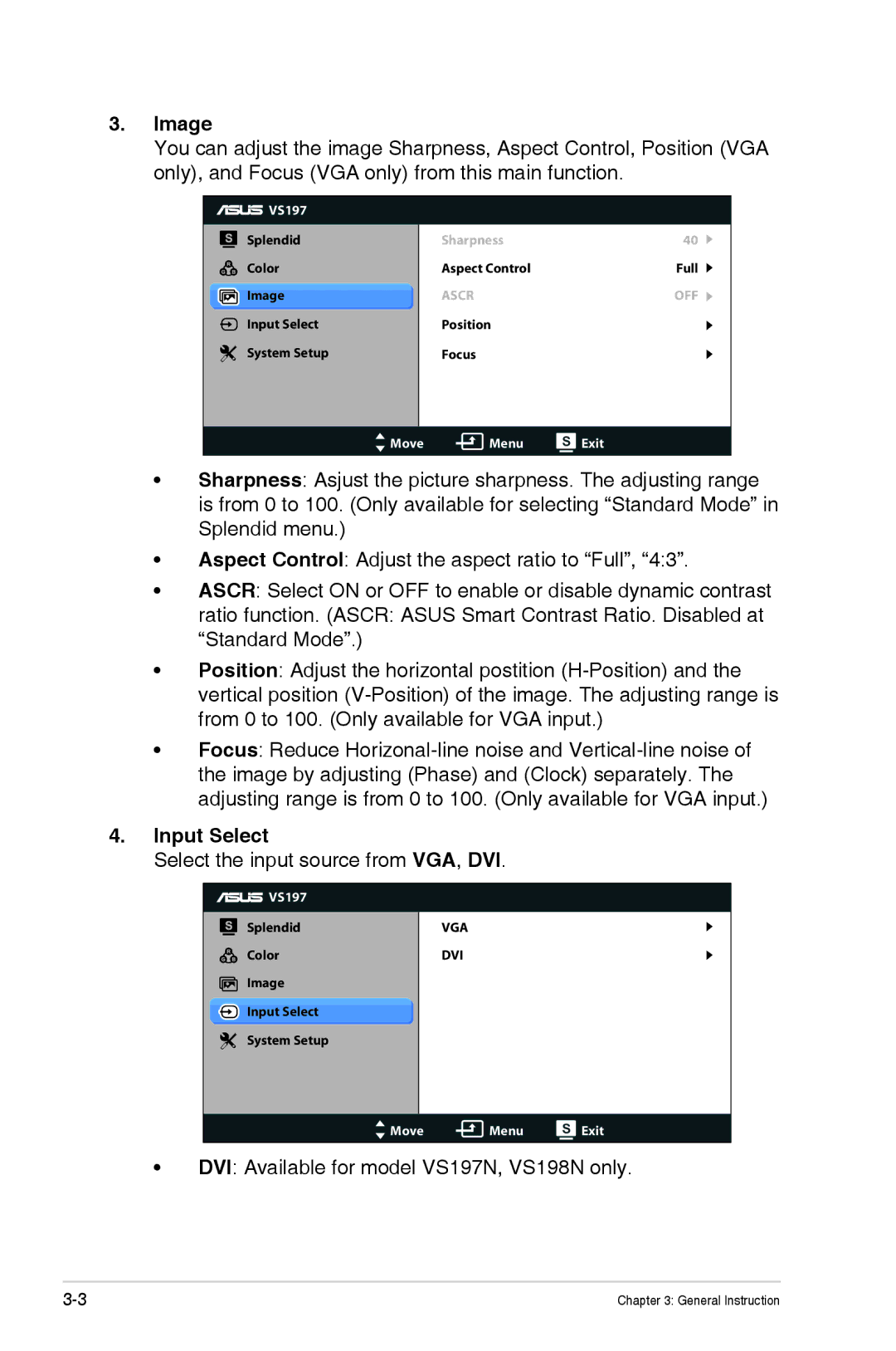 Asus VS197TP, VS197D-P, VS198D-P manual Image, Input Select 