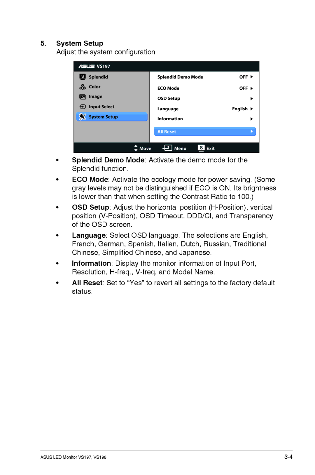 Asus VS198D-P, VS197D-P, VS197TP manual System Setup, Adjust the system configuration 