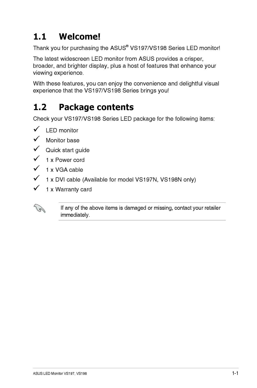 Asus VS197TP, VS197D-P, VS198D-P manual Welcome, Package contents 