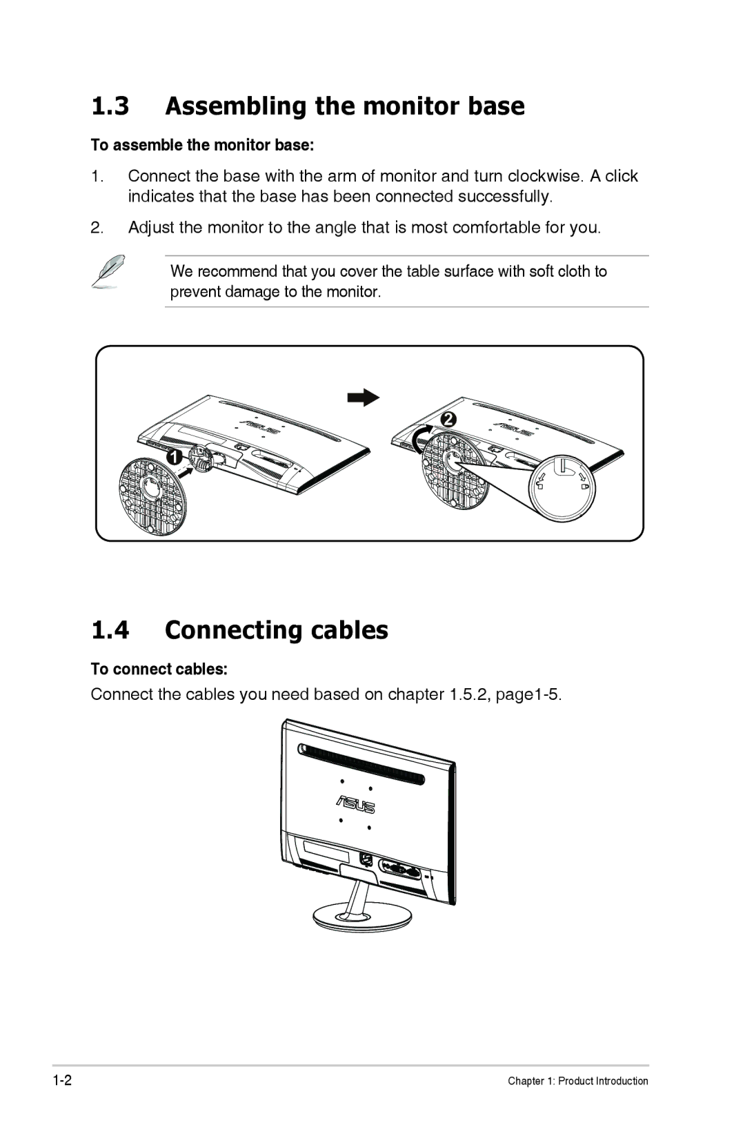 Asus VS198D-P, VS197D-P Assembling the monitor base, Connecting cables, To assemble the monitor base, To connect cables 