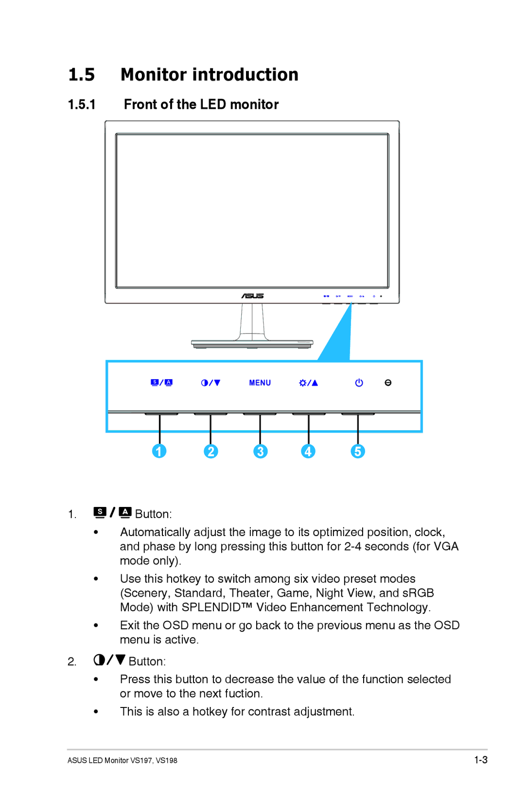 Asus VS197D-P, VS197TP, VS198D-P manual Monitor introduction, Front of the LED monitor 