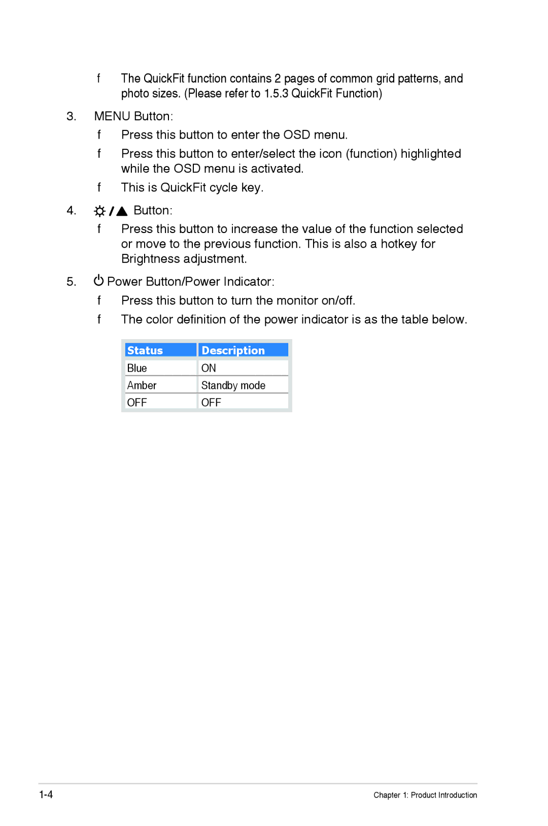 Asus VS207TP manual Status Description 