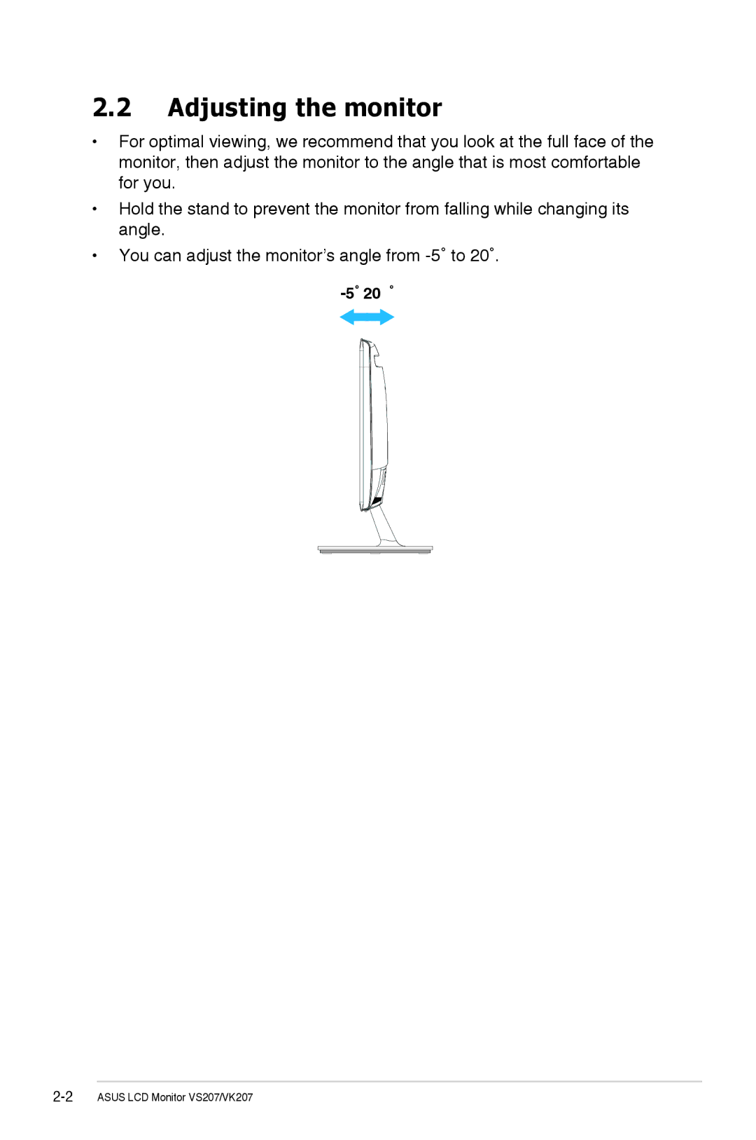 Asus VS207TP manual Adjusting the monitor 