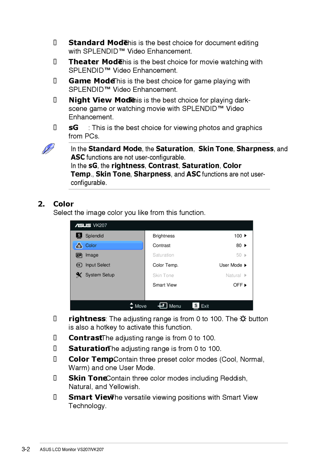 Asus VS207TP manual Select the image color you like from this function 