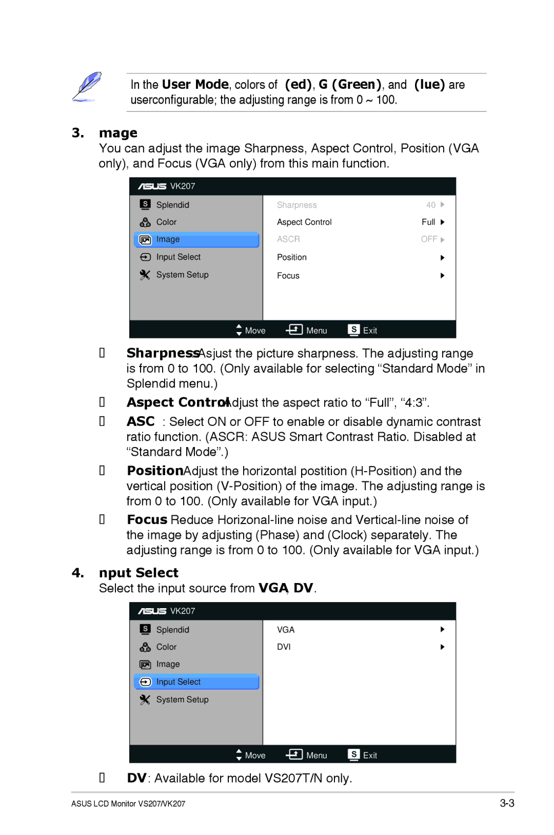 Asus VS207TP manual Image, Input Select 